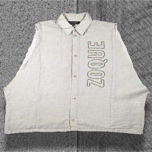 Carla Fernandez Pale Grey Linen Sleeveless Hand Beaded "ZOQUE" Button Up Top OS